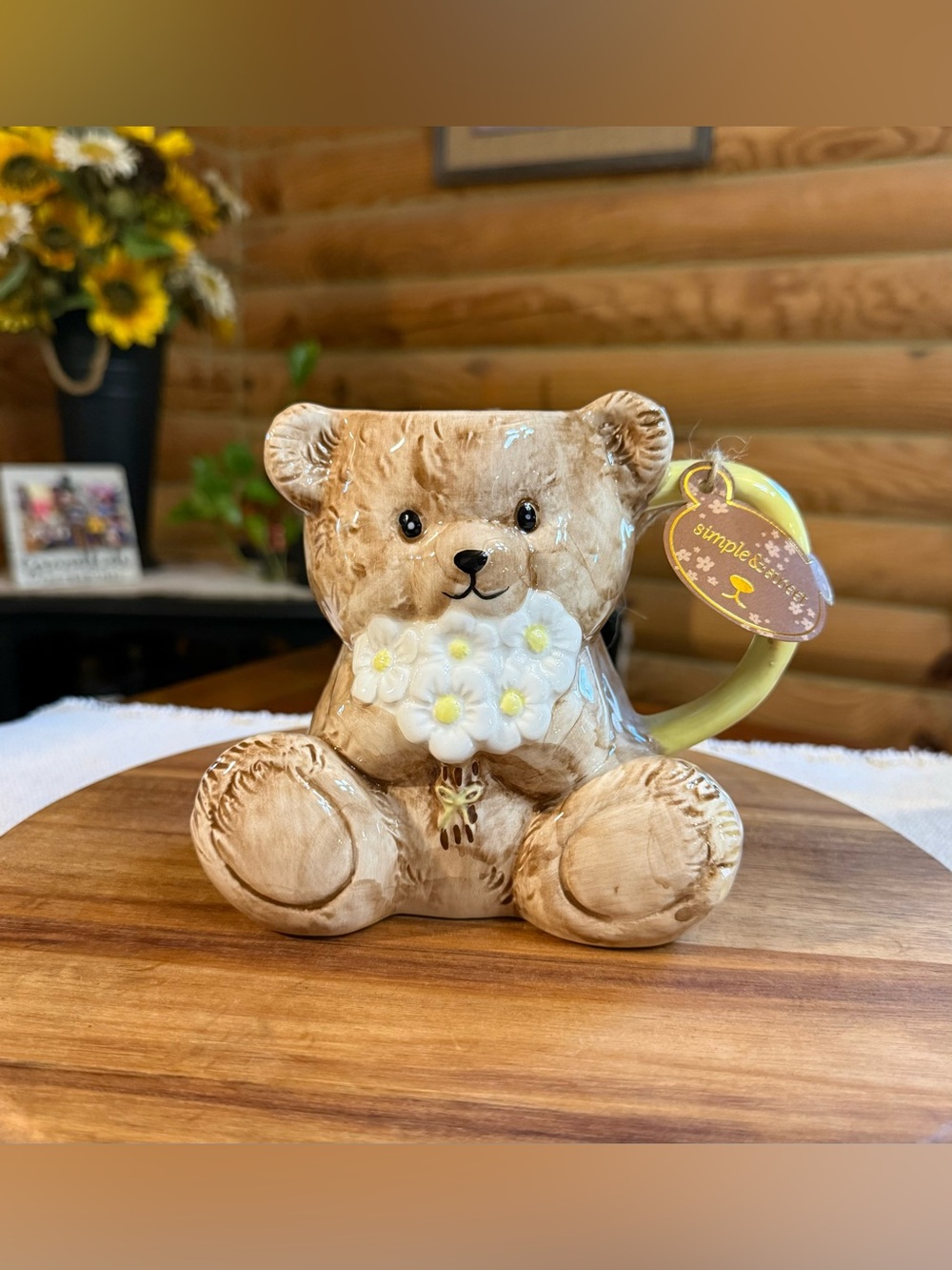 Cute Teddy Bear Coffee Mug with Bouquet Flowers